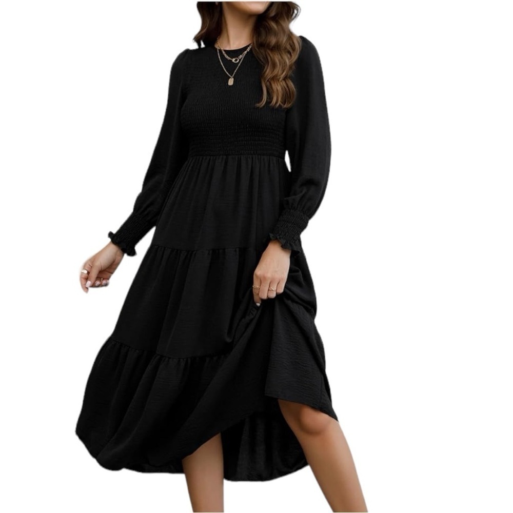 NWT Women's Casual Long Sleeve Dress Crew Neck Smocked Hight Waist Flowy Maxi - Picture 4 of 7